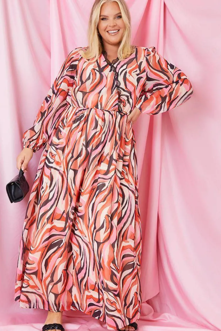 Abstract Print V Wrap Lace Trim Maxi Dress