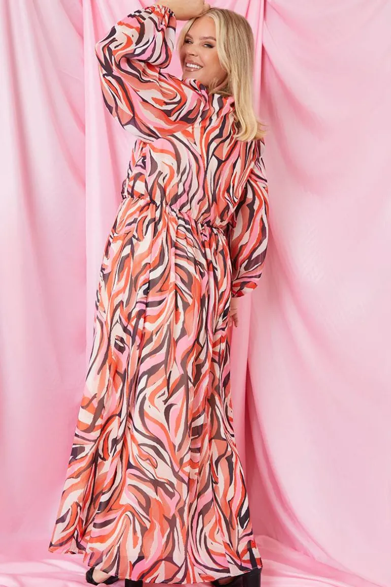 Abstract Print V Wrap Lace Trim Maxi Dress