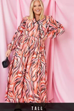 Abstract Print V Wrap Lace Trim Maxi Dress