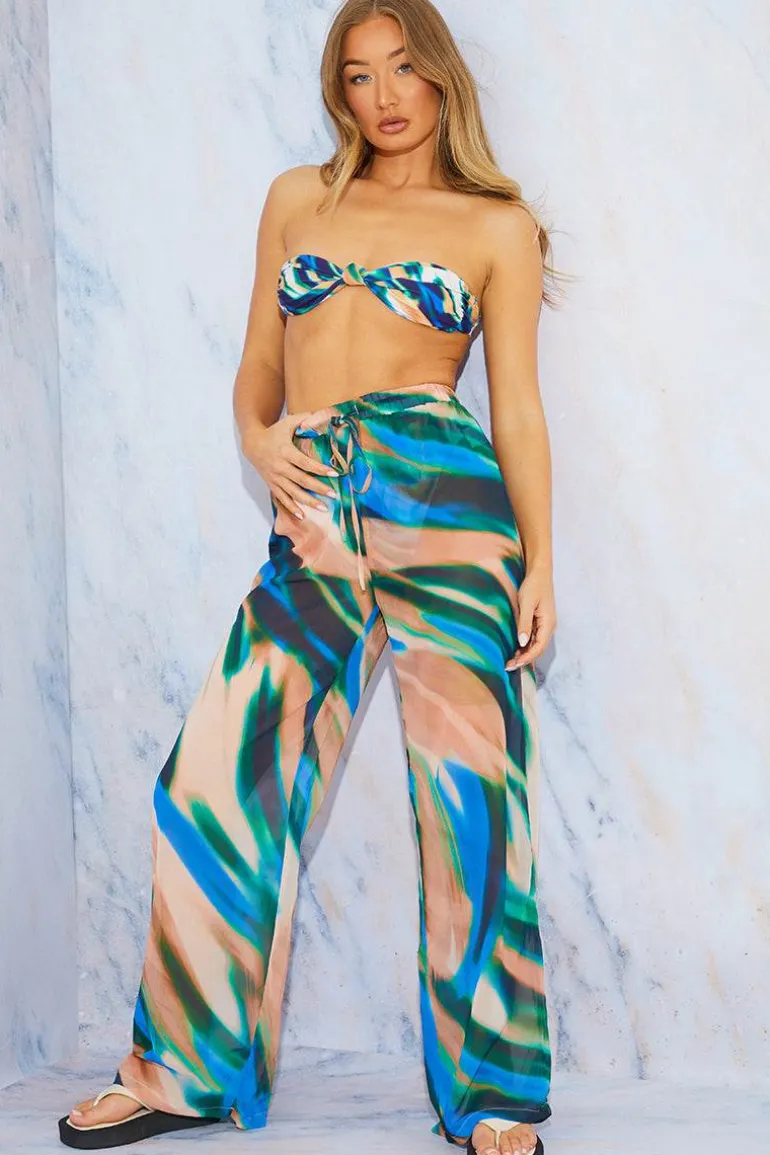 Abstract Print Wide Leg Elastic Waist Trousers