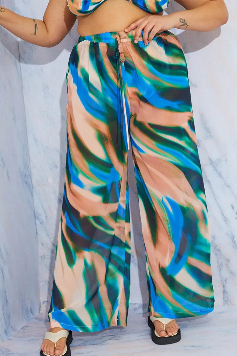 Abstract Print Wide Leg Elastic Waist Trousers