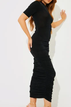 Acetate Slinky Ruched High Neck Midaxi Dress