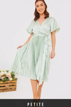 Angel Sleeve Pleated Wrap Midi Dress