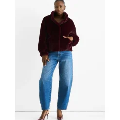 Angora Red Funnel Neck Button Up Faux Fur Jacket