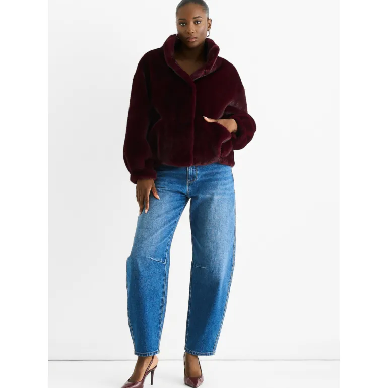 Angora Red Funnel Neck Button Up Faux Fur Jacket