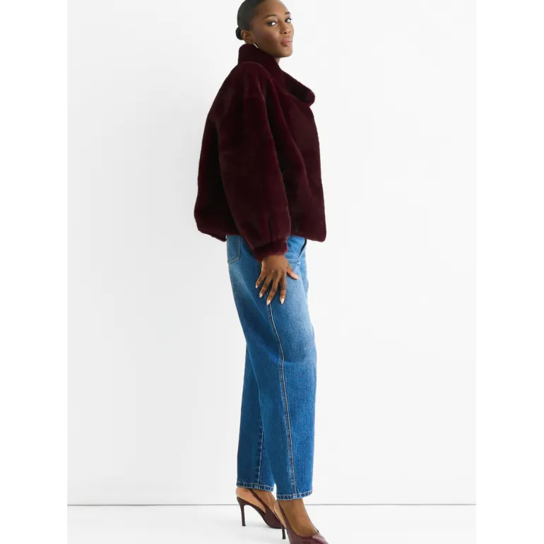 Angora Red Funnel Neck Button Up Faux Fur Jacket