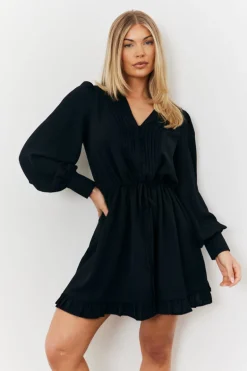 Balloon Sleeve Pintuck Tie Waist Detail Mini Dress