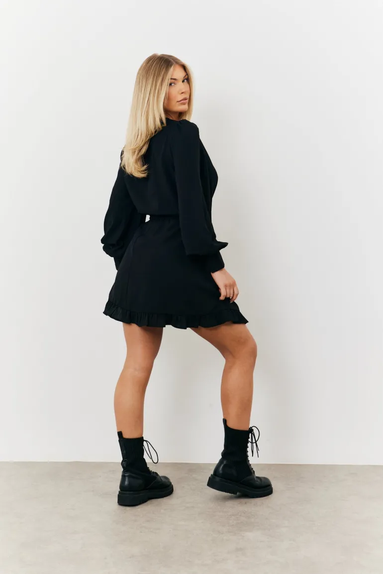 Balloon Sleeve Pintuck Tie Waist Detail Mini Dress