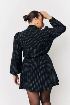 Black and White Polka Dot Mini Dress with Tie Neck