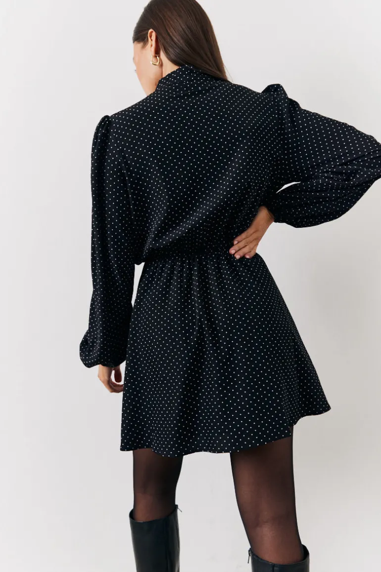 Black and White Polka Dot Mini Dress with Tie Neck