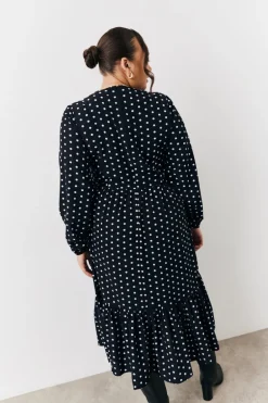 Black and White Polka Dot Frill Detail Midaxi Dress
