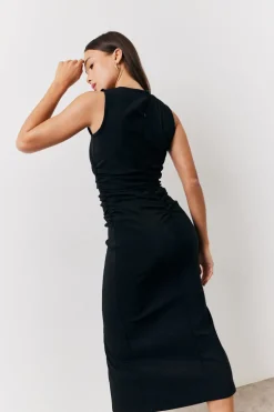 Black Bengaline Ruched Midi Dress