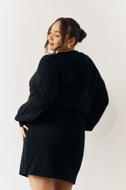 Black Cable Knitted Diamante Button Mini Dress