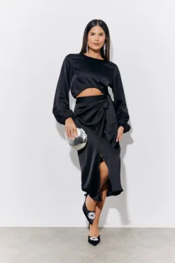 Black Curved Hem Satin Top