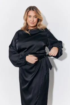 Black Curved Hem Satin Top