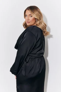 Black Curved Hem Satin Top