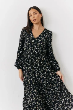 Black Ditsy Floral Printed Wrap Midi Dress