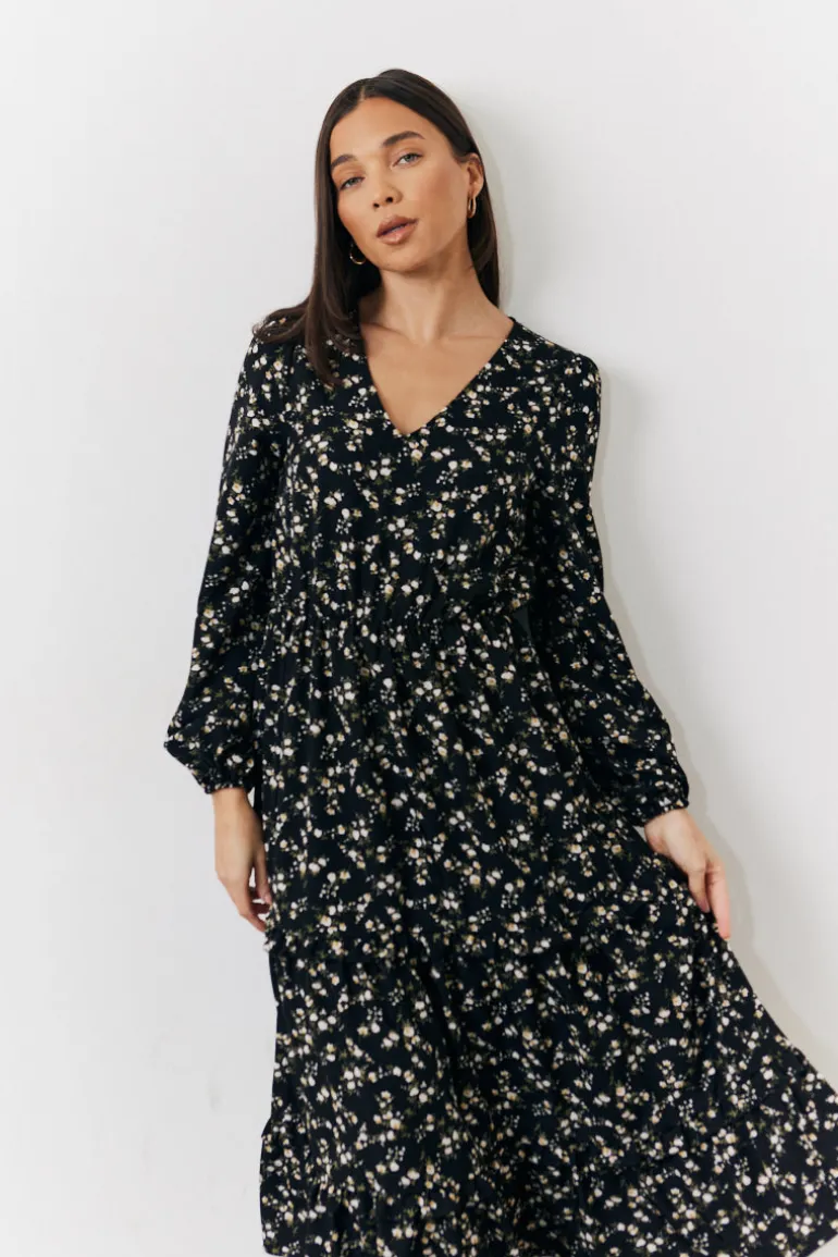 Black Ditsy Floral Printed Wrap Midi Dress