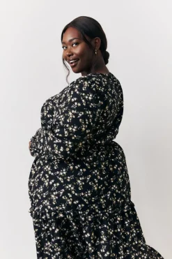 Black Ditsy Floral Printed Wrap Midi Dress