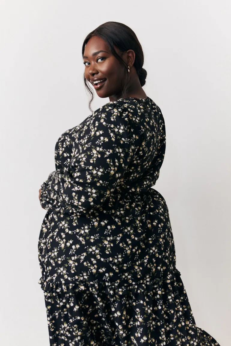 Black Ditsy Floral Printed Wrap Midi Dress
