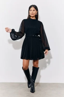 Black Dobby Belted Pleated Skater Mini Dress