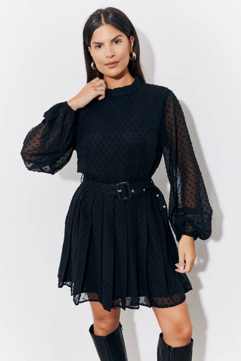 Black Dobby Belted Pleated Skater Mini Dress