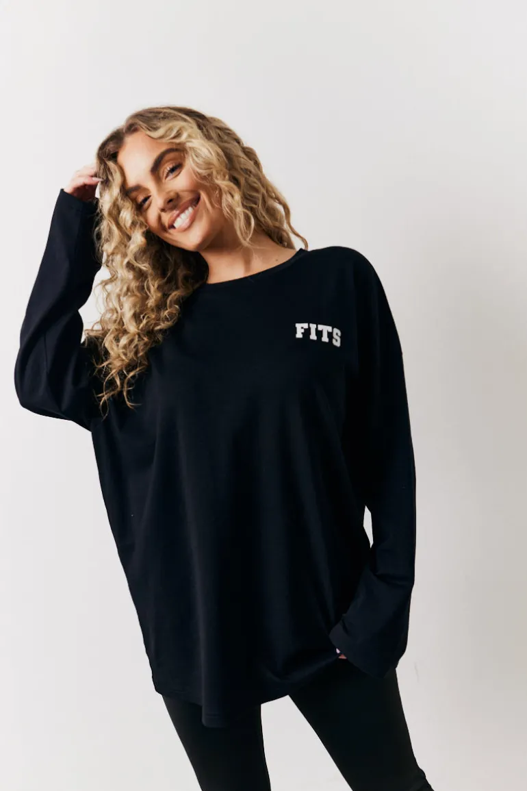 Black Fits Leisure Club Graphic Oversized Long Sleeve T-Shirt