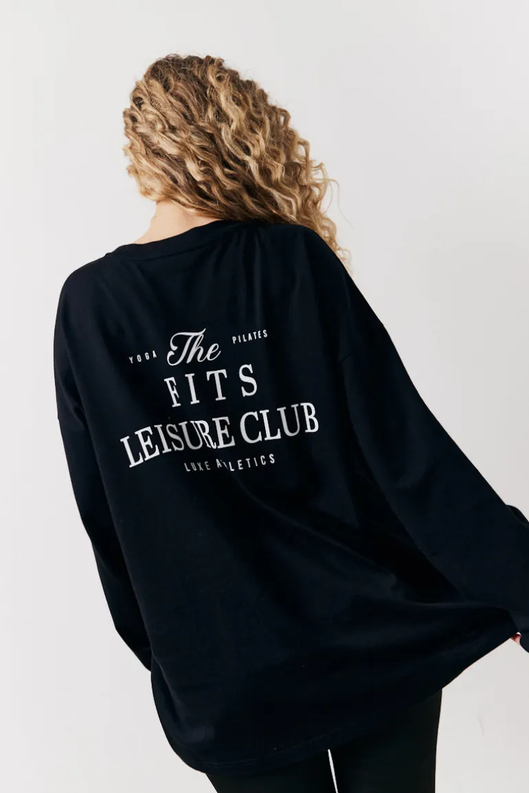 Black Fits Leisure Club Graphic Oversized Long Sleeve T-Shirt