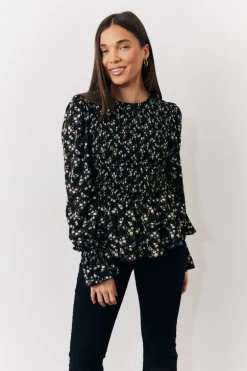 Black Floral Shirred Bust Blouse