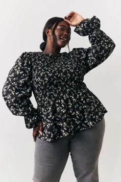 Black Floral Shirred Bust Blouse