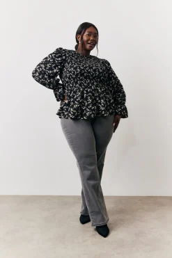 Black Floral Shirred Bust Blouse
