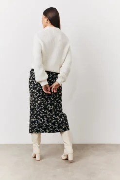 Black Floral Wrap Midi Skirt