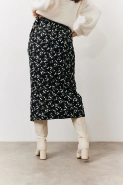 Black Floral Wrap Midi Skirt