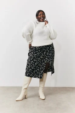 Black Floral Wrap Midi Skirt