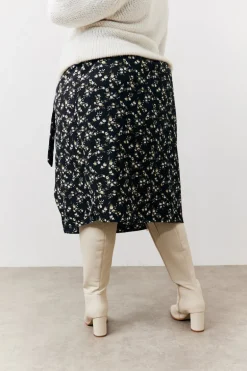 Black Floral Wrap Midi Skirt