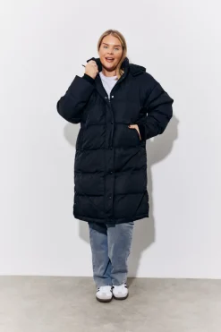 Black Hooded Longline Popper Puffer Coat