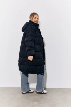 Black Hooded Longline Popper Puffer Coat