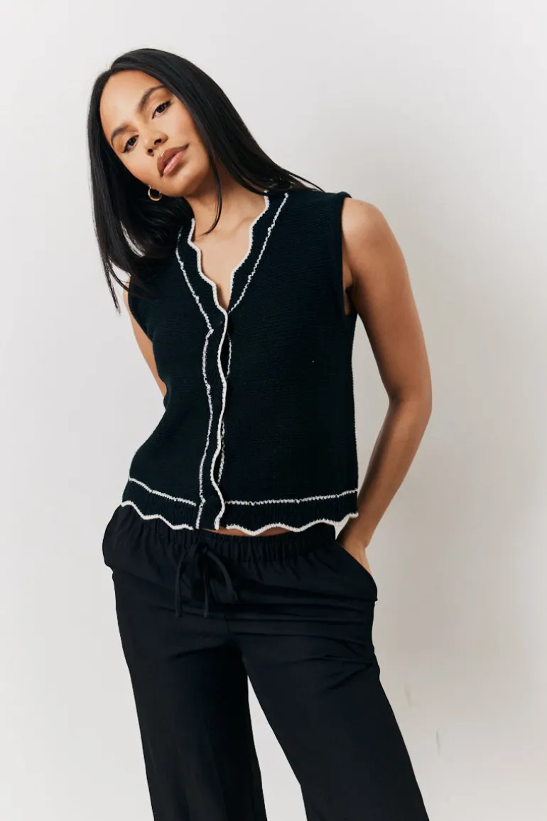 Black Knitted Contrast Scallop Edge Waistcoat