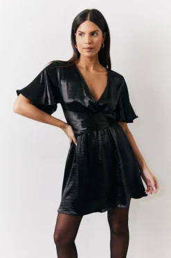 Black Liquid Satin Wrap Front Detail Mini Dress