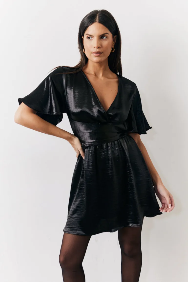 Black Liquid Satin Wrap Front Detail Mini Dress