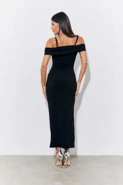 Black Magic Sculpting Strappy Bardot Midi Dress