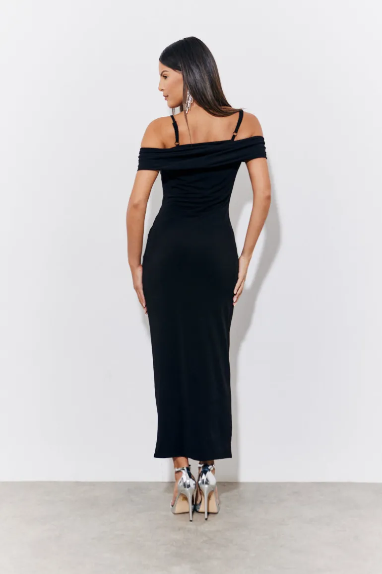 Black Magic Sculpting Strappy Bardot Midi Dress