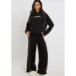 Black Piped Wide Leg Joggers