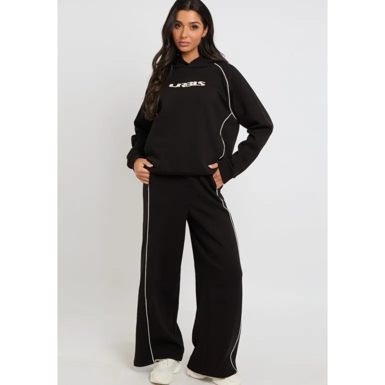 Black Piped Wide Leg Joggers