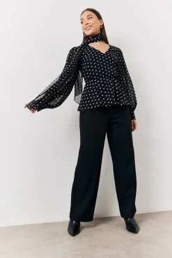 Black Polka Dot Tie Neck Blouse