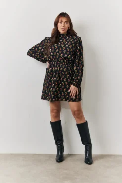 Black Rose Print High Neck Mini Dress