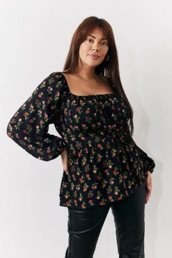 Black Rose Print Smock Top