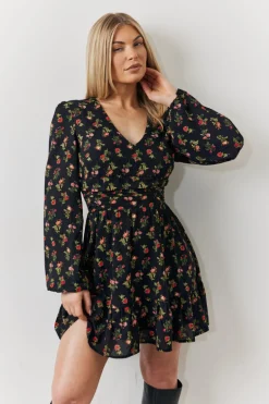 Black Rose Print Wrap Front Mini Skater Dress