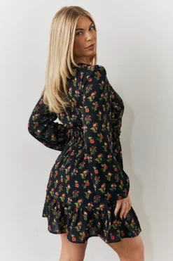 Black Rose Print Wrap Front Mini Skater Dress