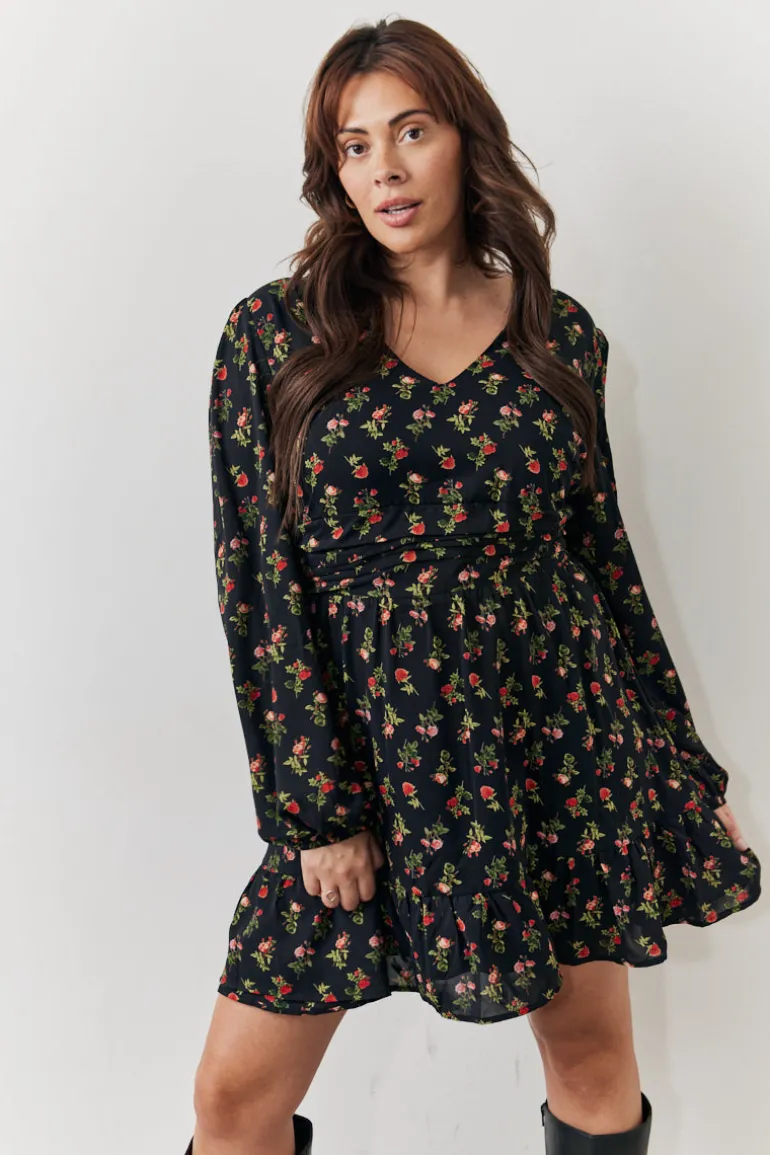 Black Rose Print Wrap Front Mini Skater Dress
